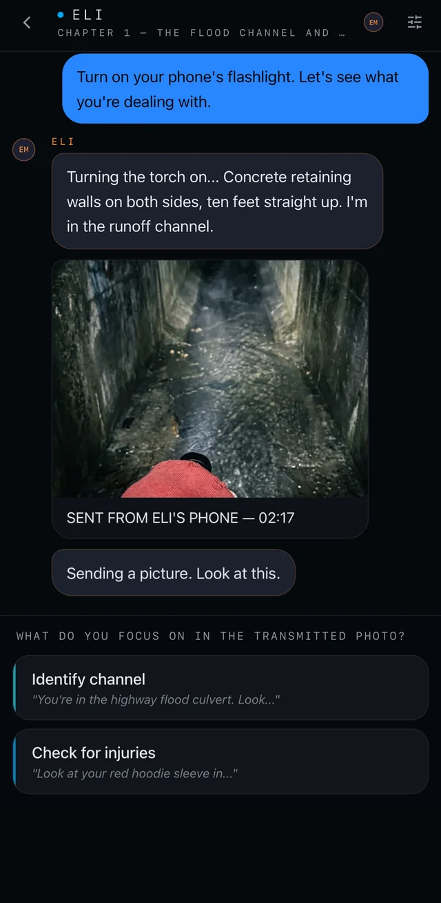 Project Echo shown as a text-message thread: ELI describes being trapped in a flood channel, sends a photo of the culvert, and the player is offered two ways to respond.
